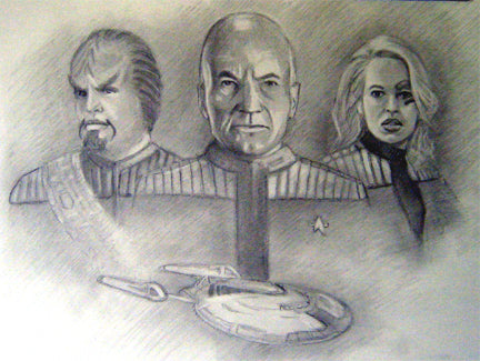 Pencil sketch- Star Trek with Picard, Worf and 7 of 9
